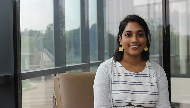 A portrait of ergonomics student Maya Ramaswamy of the Department of Occupational and Environmental Health at the University of Iowa College of Public Health.