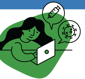Illustration of woman reading about vaccines and COVID on her laptop computer