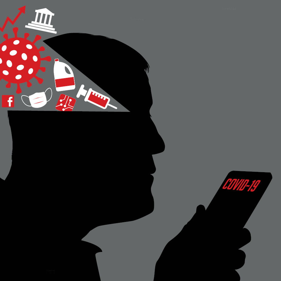 illustration of man looking at phone with virus, syringe, mask, Facebook, and other icons filling his head