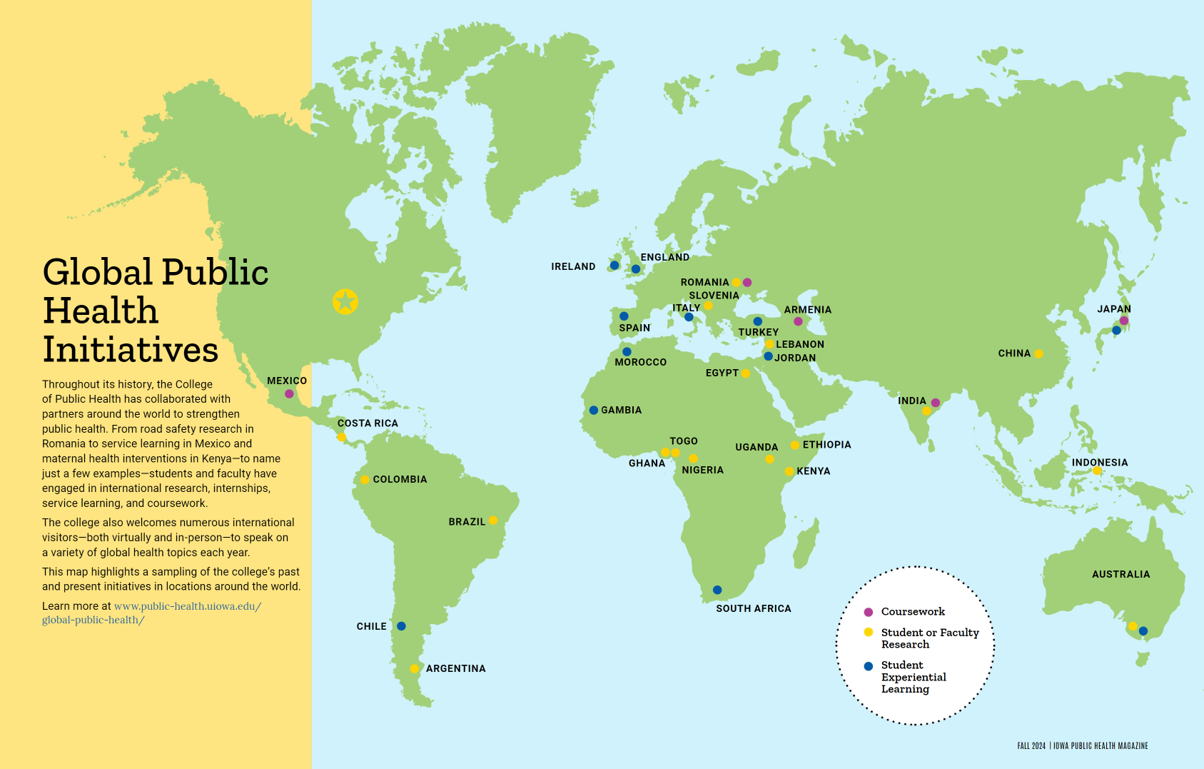 a world map with dots indicating selected countries where coursework, student or faculty research, and student experiential learning has taken place